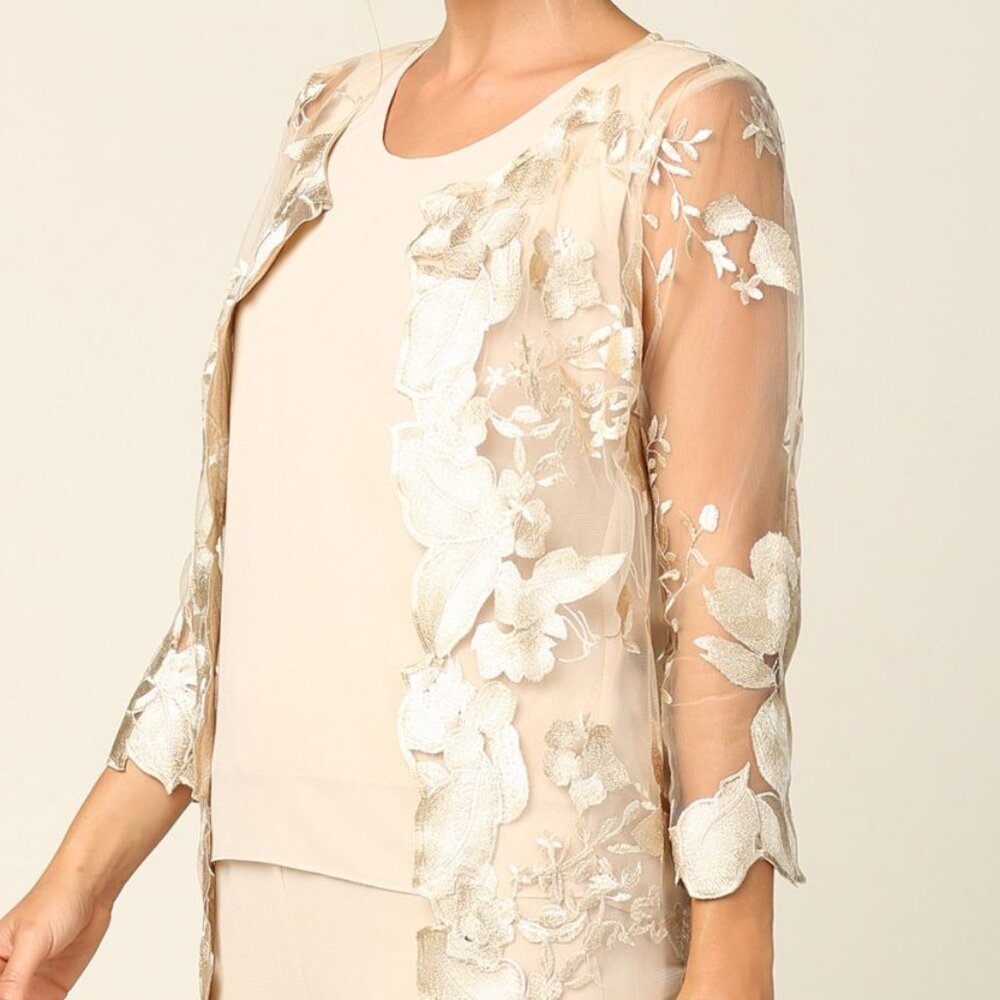 Eva USA #3426 Three Piece Chiffon Pant Suit W/Jacket-Size L-Champagne Gold-NWT - Picture 4 of 7